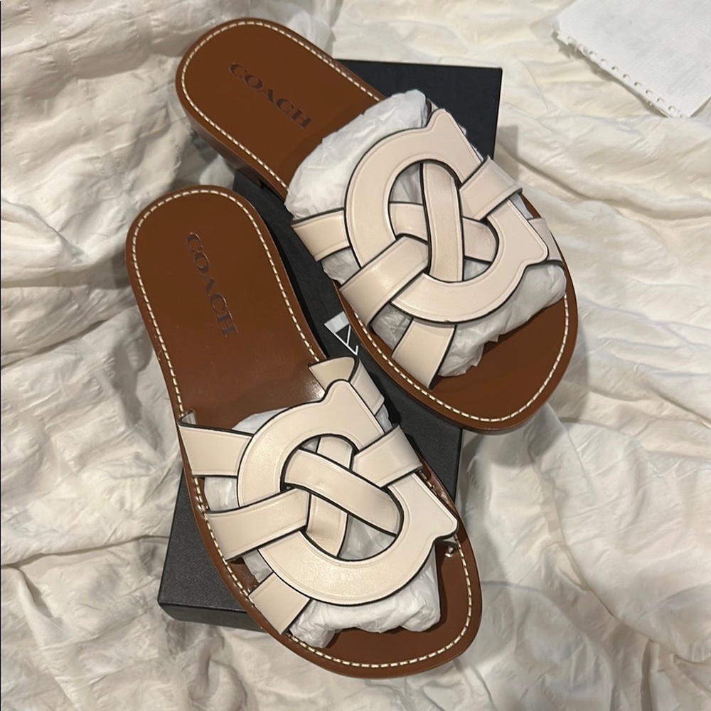 Coach Cream Woven Slide Sandals
